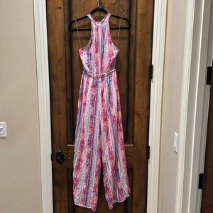 Womens size, small pant suit, colorful Aztec print featuring a tie neck line NWT